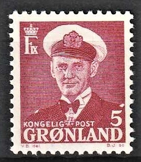 FRIMÆRKER GRØNLAND | 1950 - AFA 29 - Kong Frederik IX - 5 øre vinrød - Postfrisk